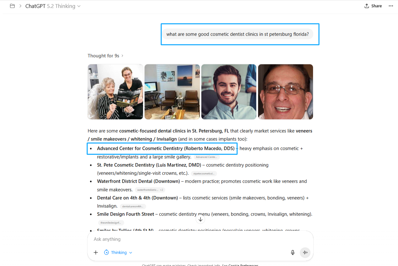 Advanced Center for Cosmetic Dentistry ranking #1 in ChatGPT