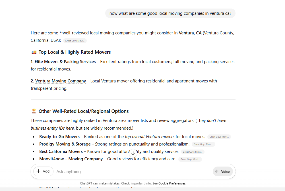Elite Movers ranking #1 in ChatGPT
